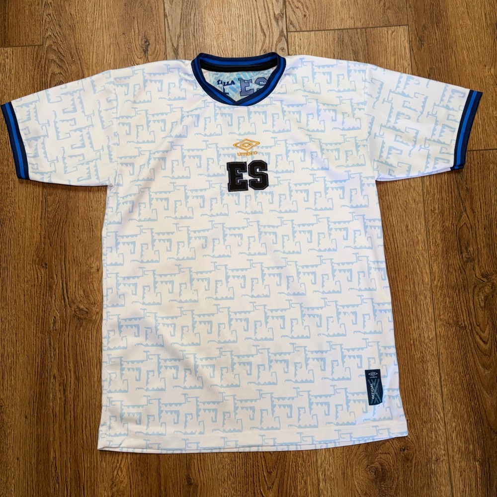 Umbro El Salvador Soccer Jersey White Blue AOP Aztec Mens L Away Jersey Futbol
